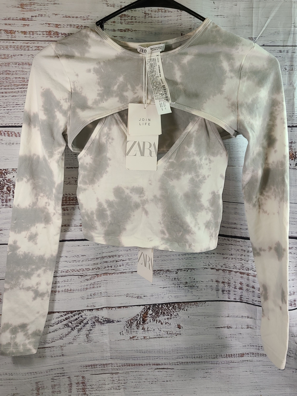 ZARA White and Gray Tie-Dye Long Sleeve Size Small